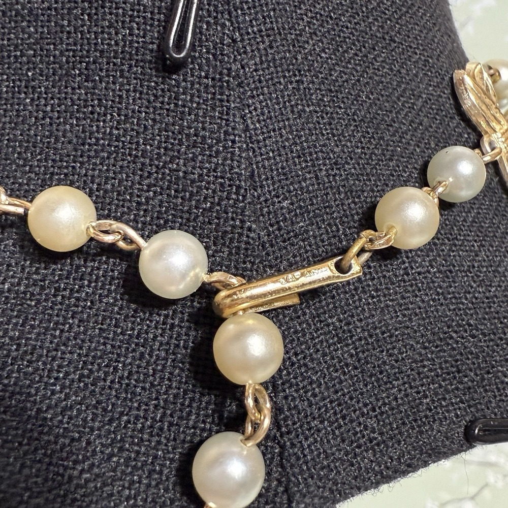 VTG Necklace Multi-Strand Signed JAPAN Gold Tone Faux Pearl Shepherd Hook Estate - Picture 7 of 12